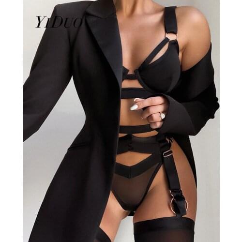 YiDuo Goth Lingerie Set Sexy Underwear Sensual Mesh Lingerie Woman Garter 3 Piece Set Black Underwire Bra Brief Sets Club Wear