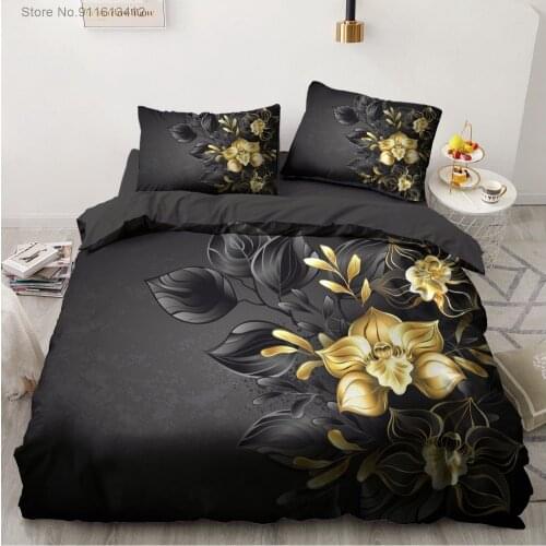 Black Golden Flower 3D Printed Custom Bedding Set 3 Pieces Single Double Queen Duvet Cover Set Home Textile Bedspread Pillowcase