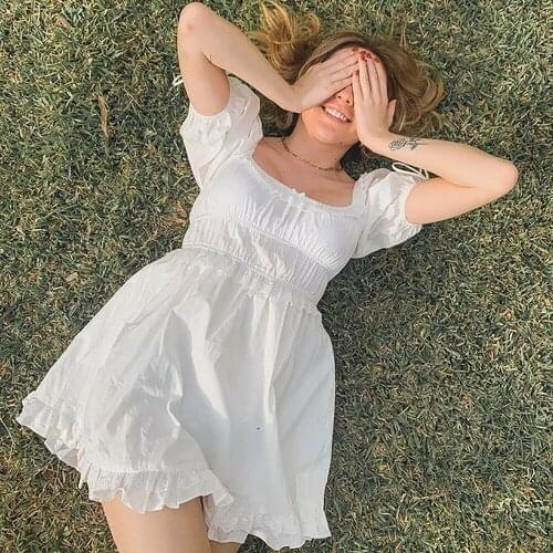 Sweet Cute White Puff Sleeve Bow Dresses Women Elegant Square Collar Ruched Short Dress Y2k Ruffled Lace Edge Beach Vestidos