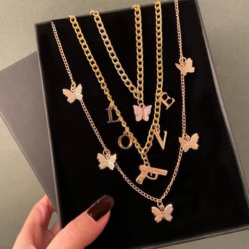 Fashion Multilayer Butterfly Gun LOVE Choker Necklace Female Geometric Thick Chain Butterfly Metal Pendant Necklace Jewelry Gift