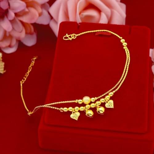 New Summer Anklet Yellow Gold Filled Double Layer Heart Foot Chain Bracelet on the leg