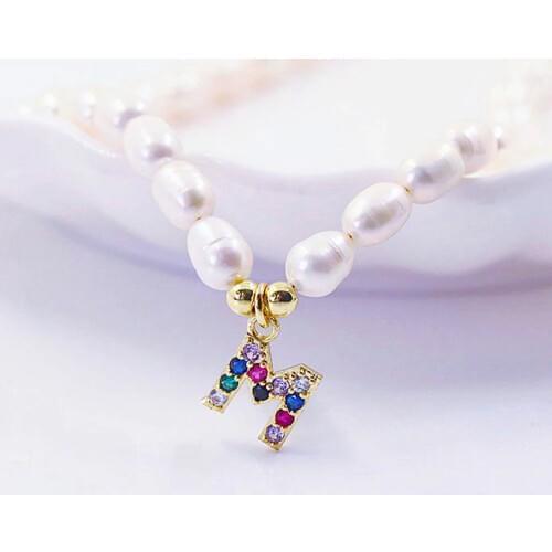 Fashion Natural Freshwater Pearl Letter Choker Necklace/Bracelet Women Baroque Pearl Initial 26 Alphabet Name Pendant Jewelry