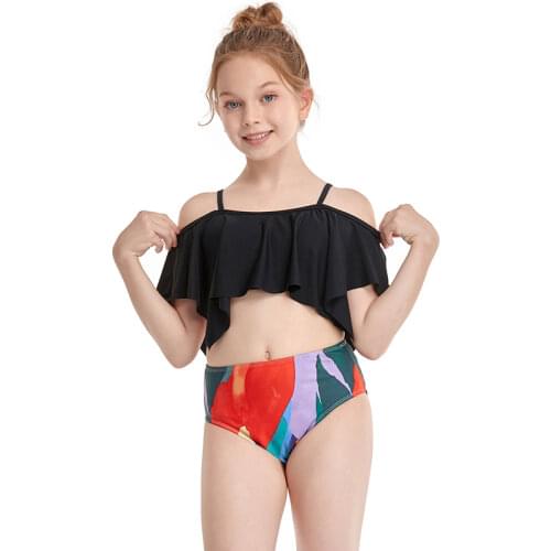 Girl Split Swimwear Children Lovely Swimming Bathing Suit Four Corner Lotus Leaf Swimsuit Floral Ruffled Hem Beachwear