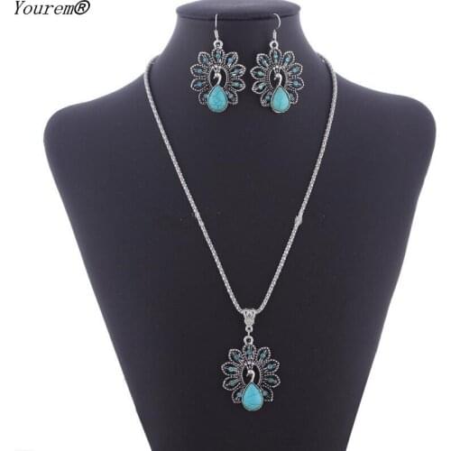 Vintage retro silver color peocock jewelry sets necklaces earrings for women girls jewelry gifts fj173