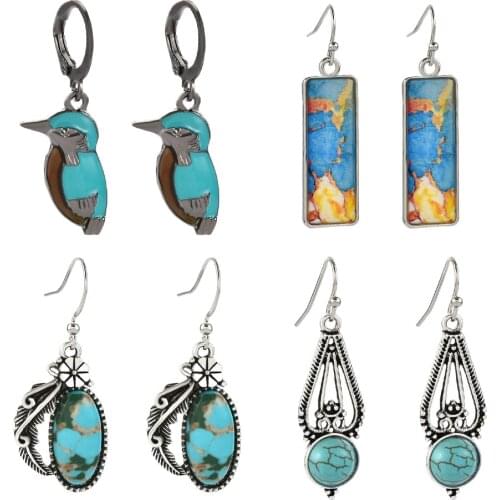 Vintage Little Bird Boho Long Drop Earring for Women Jewelry Natural Blue Turquoise Puck Stud Turquoises Stone Hanging Earrings