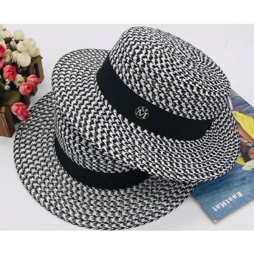 Xiang Fu And Horses Black And White Lattice Wide Brim Flat Roof Hat Bounet You Summer Straw Hat Sun Hat Directly