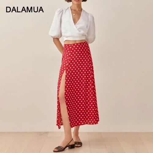 Women Midi Skirt Red Polka Dot High Waist Split A-Line Elegant Office Lady Vintage Zipper 2021 Summer Fashion Female Long Skirts