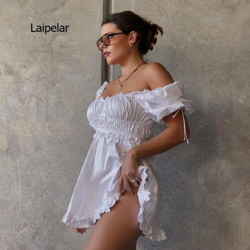 Womens 2021 New Sexy Fairy Sweet Style Mini Skirt A-Line Loose Puff Short Sleeve White for Girl Fashion Dresses