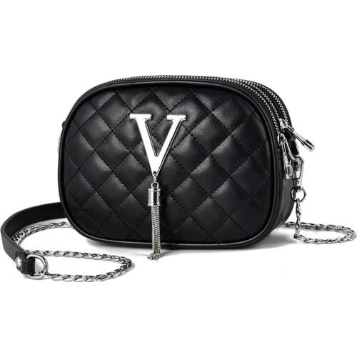 Womens Simple New Fashion Casual Chain Messenger Bag Tassel Quilted Shoulder Bag Three-layers Zipper Crossbody Bag Phone Pouch