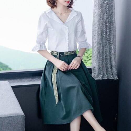 2021 Summer Office Lady V-Neck Midi Two Piece Dress Casual White 3XL Plus Size Shirt Dress Elegant Bodycon Party Women Vestidos