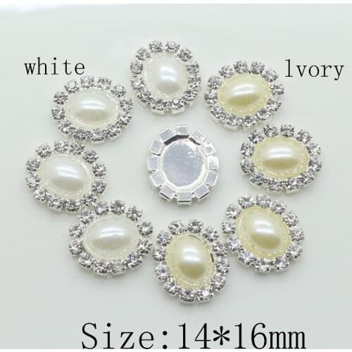 100Pc 14*16mm oval pearl rhinestone buby buttons tray cap setting Wedding crafts decorative hair flower center scrapbooking