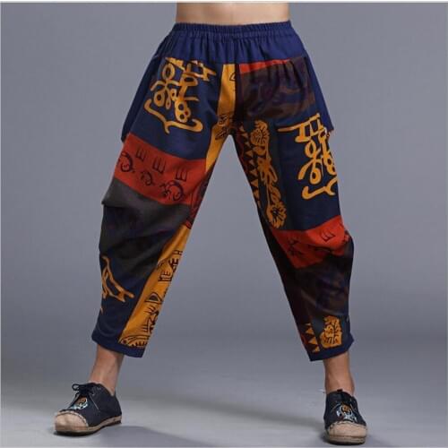 2020 Summer Fashion Casual Mens Casual Linen Rock Singer Costumes Wide Leg Pants Pantyhose Cotton Printing Harem Pants