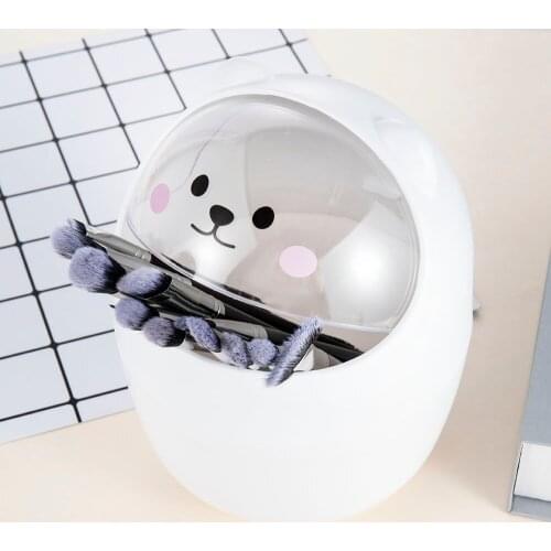 Cartoon Cute Bear Holder Storage Bucket Decoration Ins Creative Makeup Brush Beauty Puff Organizer With Flip Top Cosmetic Tools