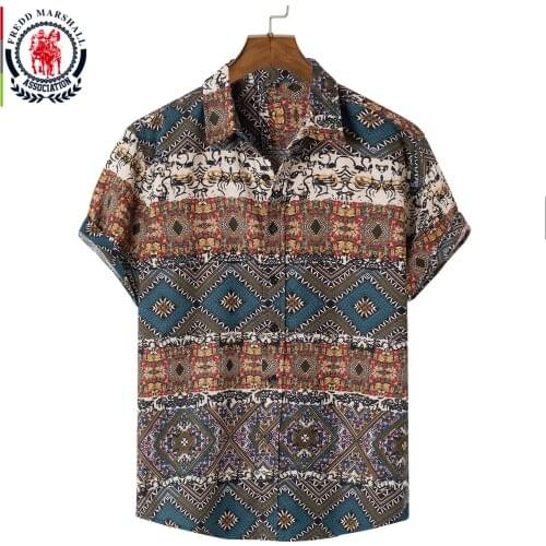 FREDD MARSHALL 2021 New Summer Fashion Retro Graphic Print Shirt Men Short Sleeve Casual Hawaiian Floral Wild Shirts Tops 5136