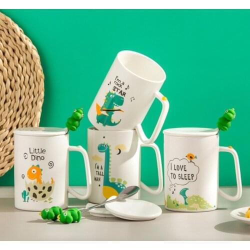 400ML Creative Cartoon Dinosaur Mug Coffee Mugs Ceramic Mug Cute Tea Cup Stainless Steel Spoon with Lid Set Gifts Home Decor