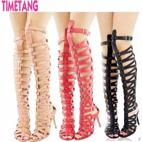 Summer Fashion Women Gladiator Sandal Boots 8 Colors Big Size 5-12 Strappy Over-The-Knee High Heels Rome Style Sandalias Mujer