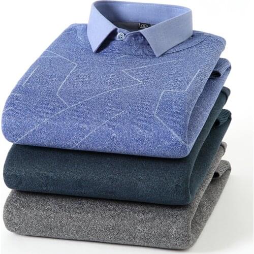 High Quality Mens Plus Velvet Warm Shirt Sweater 2021 Winter New Business Fashion Fake Two-piece Pullover Male Brand Knitwear