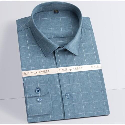 Bamboo Fiber Mens Stretch Checkered Shirt Long Sleeve well Fit Soft Casual Shirts for Men Plaid Dress office work Shirt Man