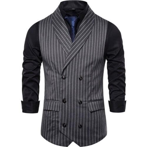 9726 New Fashion Mens Casual Shawl Lapel Striped Cardigan Double-breasted Suit Vest