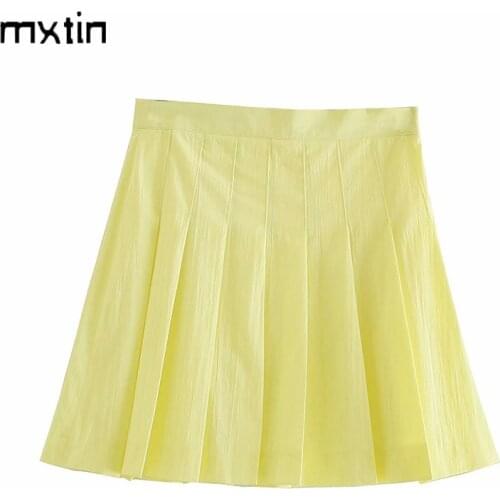 MXTIN 2021 Women Summer Vintage Solid Folds Mini Skirt Fashion High Waist Zipper Streetwear Ladies Skirts Casual Vestidos Mujer