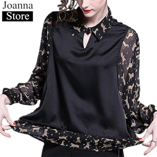 Spring New Chiffon Plaid Print Splice Short T-Shirts Women Lapel Long Sleeve Vintage Tops Black Casual Plus Size Loose Clothes