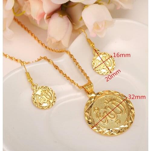 New Allah Pendant Necklace/Earrings set Jewelry Islamic Gold Color Muslim Arabic Middle East Items Women Girl Muhamma