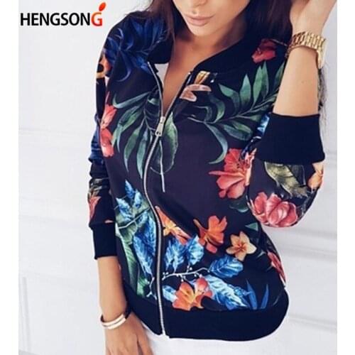 Women Coat Ribbed Trim Ladies Retro Floral Zipper Up Bomber Jacket Casual Coat Autumn Outwear Women Clothes