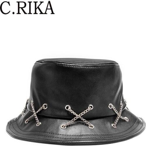 PU Leather Cool Chain Bucket Hats Women Winter Black Fashion Hip Hop Fisherman Hat Men Outdoor Sun Hat Waterproof Motorcycle Cap