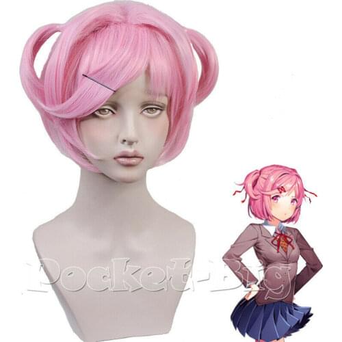 High Quality Game Doki Doki Literature Club Cos Wig Sayori Short Pink Heat Resistant Synthetic Hair Cosplay Wig + Wig Cap