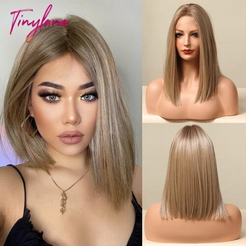 TINY LANA Long Silky Stright Wigs Gray Brown Lace Front Synthetic Wig for Women Cosplay Party Daily Use Heat Resistant