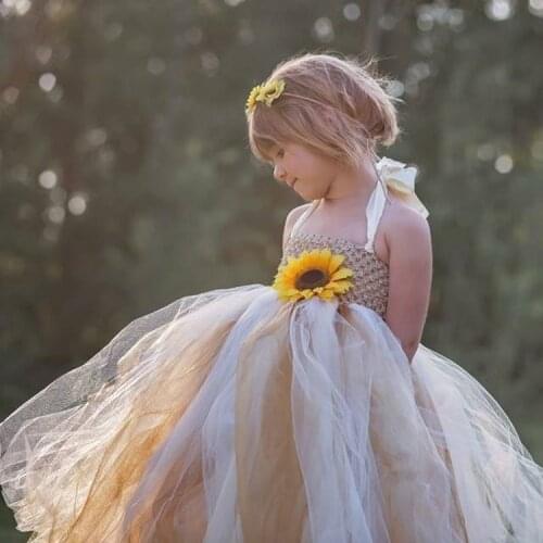 Girls Sunflower Tutu Dress Kids Crochet Tulle Dress Ball Gown with Straps and Hairbow Children Christmas Party Costume Dresses