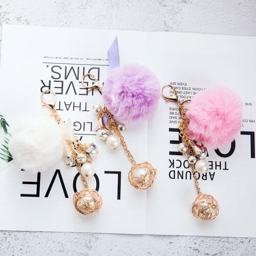 Fluffy Multicolor Pompons Faux Artificial Rabbit Fur Ball Fluffy Key Chains Pearl Car Keyring Charm Bag Accessories Trinkets