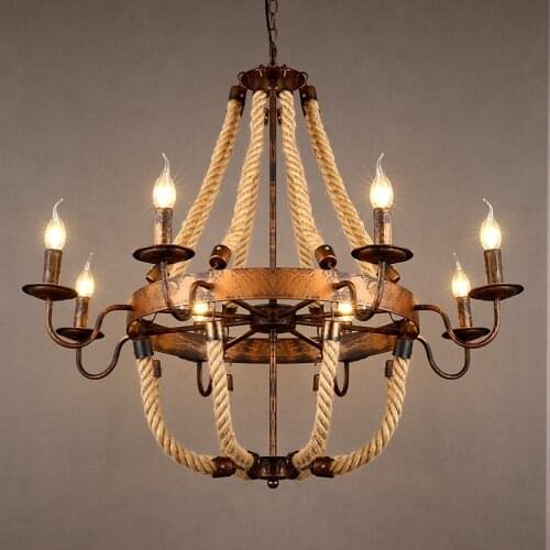 Countryside retro iron Rust color Hemp rope chandelier 6/8 heads coffee/clothing shop Restaurant living room candle pendant lamp
