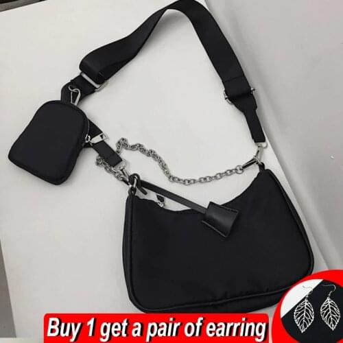 2021 New Fashion Black Shoulder Bag For Women Nylon Chains Crossbody Bag Large Capacity Messenger Bag 2pcs Daily Lady Handbag