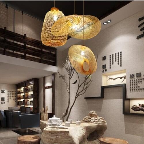 Vintage Bamboo Wood Led Pendant Lights Art Lighting Restaurant Rattan Pendant Lamp for Living Room Hanging Lamp Kitchen Fixtures