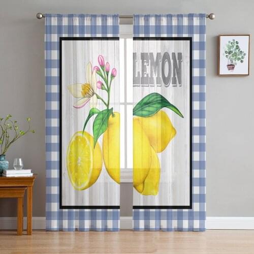 Wood Grain Lemon Summer Blue Plaid Tulle Curtain Voile Transparent Tulle for Bedroom Living Room Kitchen Sheer Window Curtains