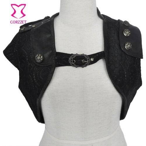 Black Floral Lace Leather Short Motorcycle Jacket Women Steampunk Clothing Gothic Bolero Vintage Coat Sexy Corset Accessories