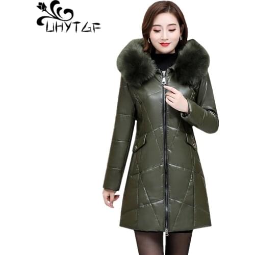 UHYTGF 7XL Plus size leather jacket women fur collar Quality Washed leather winter leather down jacket warm coat parke women 479