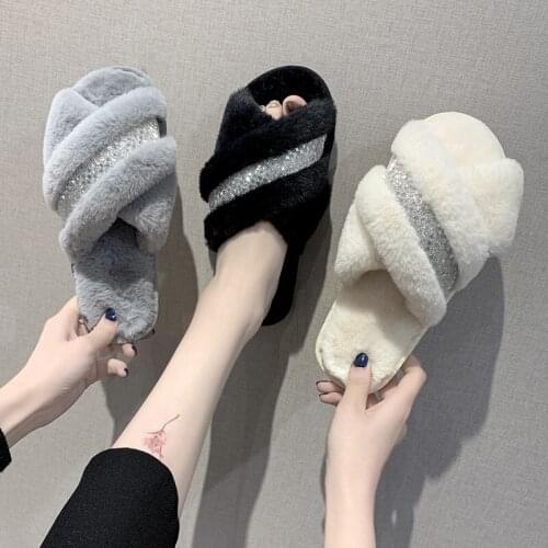 Women 2021 New Autumn and Winter Fuzzy Slippers Female Soft Plush Cozy Fluffy House Flip Flops Fur Slipper