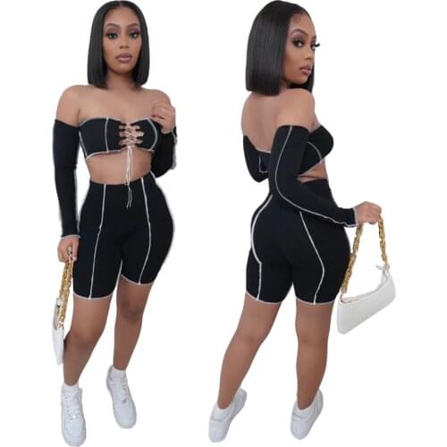 Women’s Casual 2 Piece Outfits Long Sleeve Off Shoulder Lace Up Crop Tops + Skinny High Waist Shorts Set