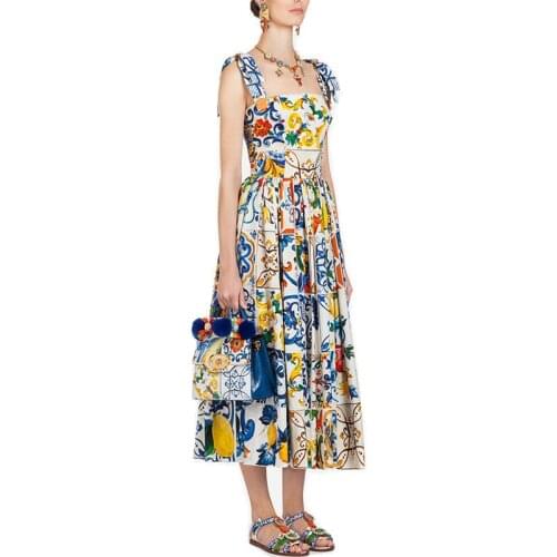 Summer Runway Flower Dress Self Portrait 2021 Womens Bow Spaghetti Strap Sundress Blue And White Porcelain Floral Long Dress