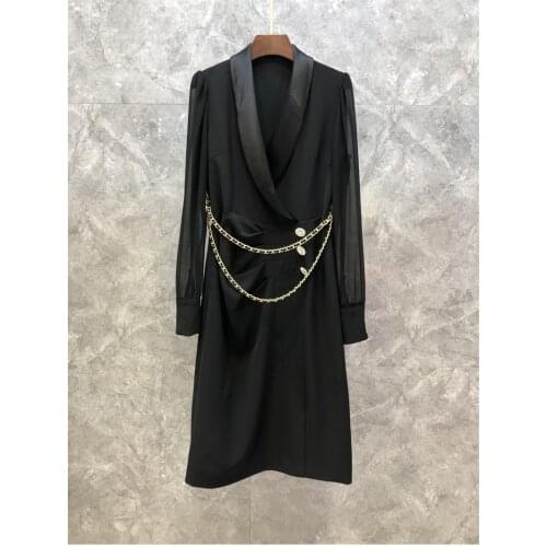 Elegant Work Dress 2021 Autumn Style Women Notched Collar Golden Necklace Deco Long Sleeve Midi Party Black Bodycon Dress OL