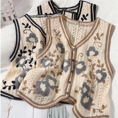 Korean Chic Retro Vintage Vest Women V-Neck Floral Embroidery Short Vests Female Sleeveless Waistcoat Boho Crochet Outwear