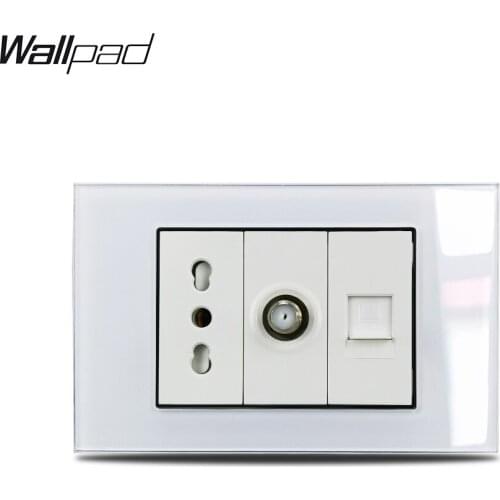 118*75mm Italian Satellite DATA Socket Wallpad L3 White Glass Panel 16A AC Italy Italian Socket Data RJ45 Satellite Wall Outlet
