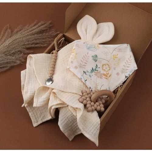 4 Pcs Baby Birthday Gift Cotton Bibs Pacifier Chain Clips Suit Toys With Box Set Q1FE