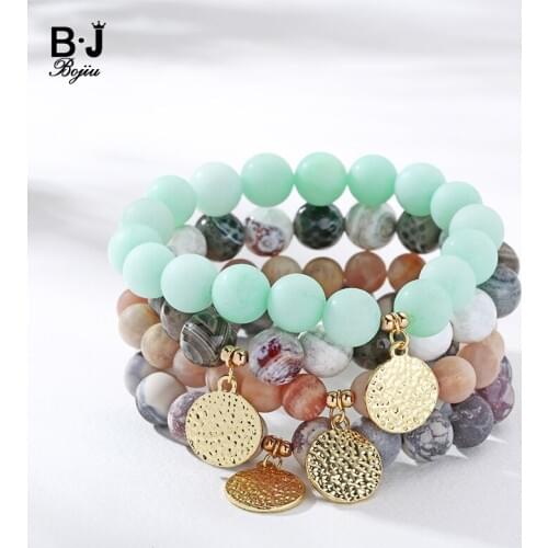 Bojiu Light Yellow Gold Coin Charm Friendship Bracelets Mint Bead Stone Single Bracelet BCSET45