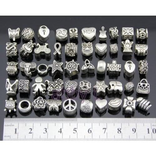 100 Pcs/Lot 50 Style Mix Owl Flower Peace Heart Bag Star Elephant Butterfly Charm Beads For European Bracelet Jewelry DIY