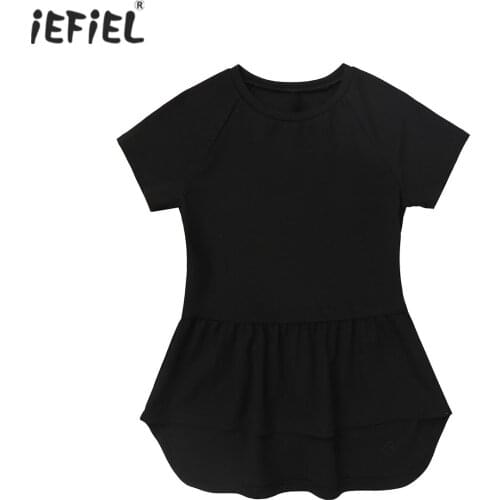 Kids Girls Casual Clothes Top Dress Summer Pure Color Short Sleeve T Shirt High-low Ruffle Hem Peplum Tops Children Clothing