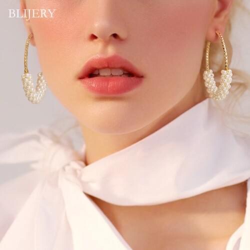 BLIJERY Elegant Gold Color Pearl Beads Hoop Earrings for Women Big Round Circle Earings Celebrity Wedding Party Femme Brincos