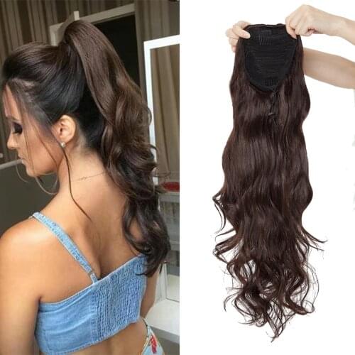 HAIRRO Long Body Wave Ponytail Hair Synthetic Drawstring Ponytail Clip in Hairpiece Black Wavy Ponytail For Women Daily Use